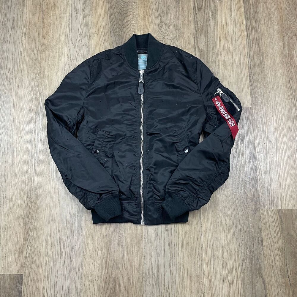 Alpha Industries Women Medium Black MA-1 Bomber Flyers Zip Aviator